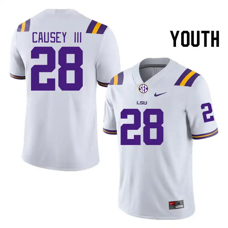 Youth LSU Tigers Bernard Causey III #28 White NCAA Football Jersey